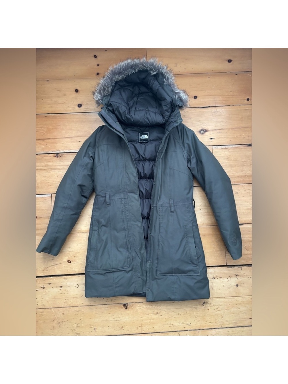 The North Face grey Hooded Puffer coat 550 HyVent with Faux Fur Trim